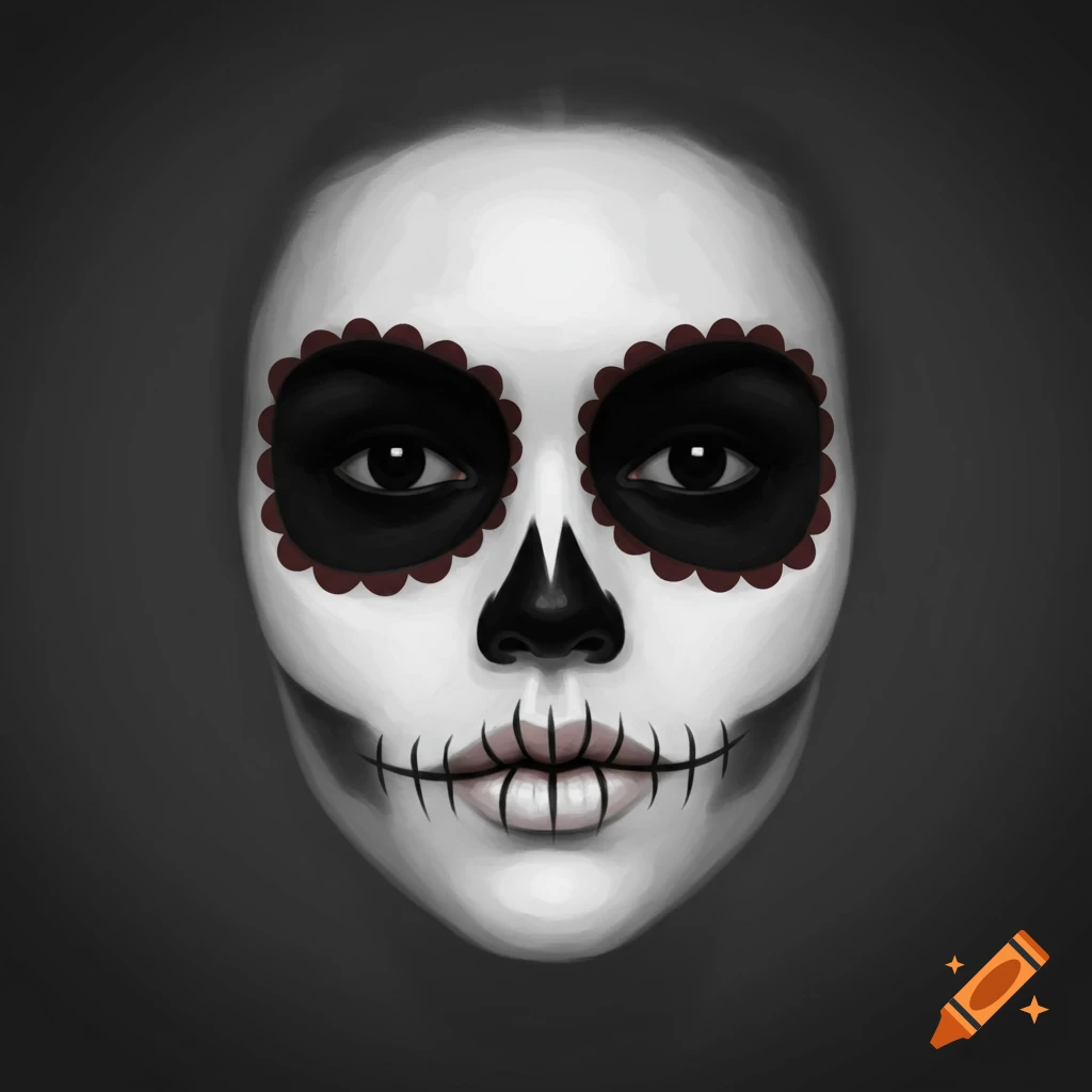 Extreme close-up headshot of a person with simple white Dia de los Muertos skull makeup, featuring solid black eyes, a black nose triangle, and stitched black mouth lines on a gray background.