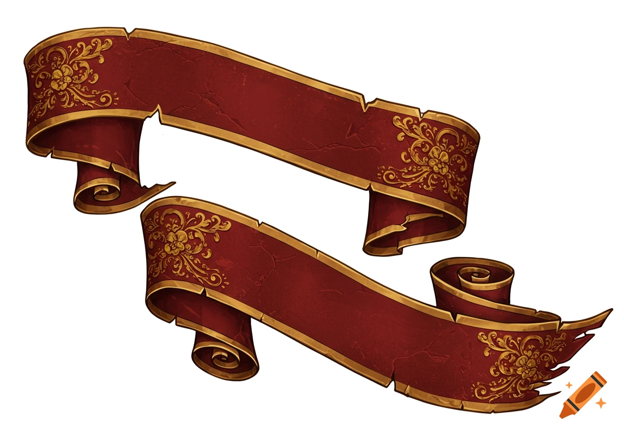 Two ornate antique red and gold banners with floral patterns on a white background.