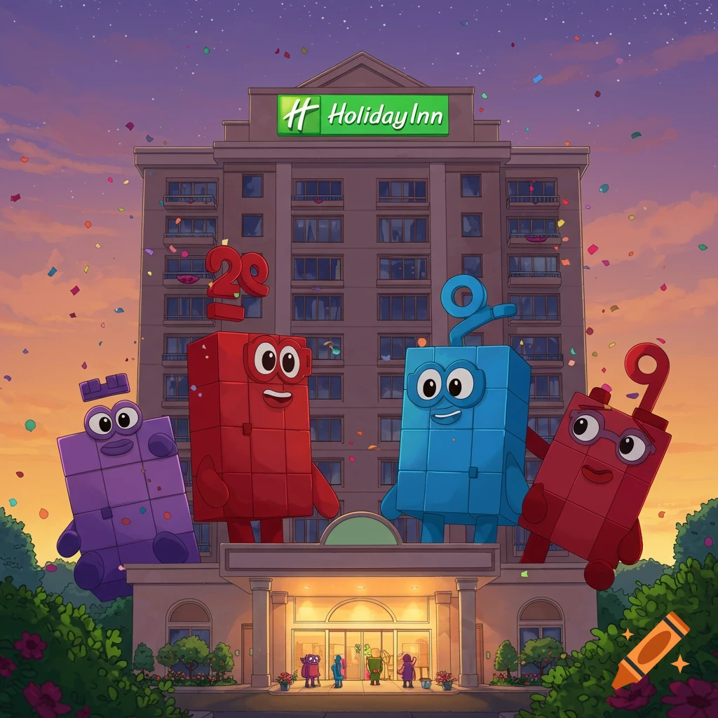 Anthropomorphic number blocks stand in front of a Holiday Inn hotel at sunset with confetti falling.