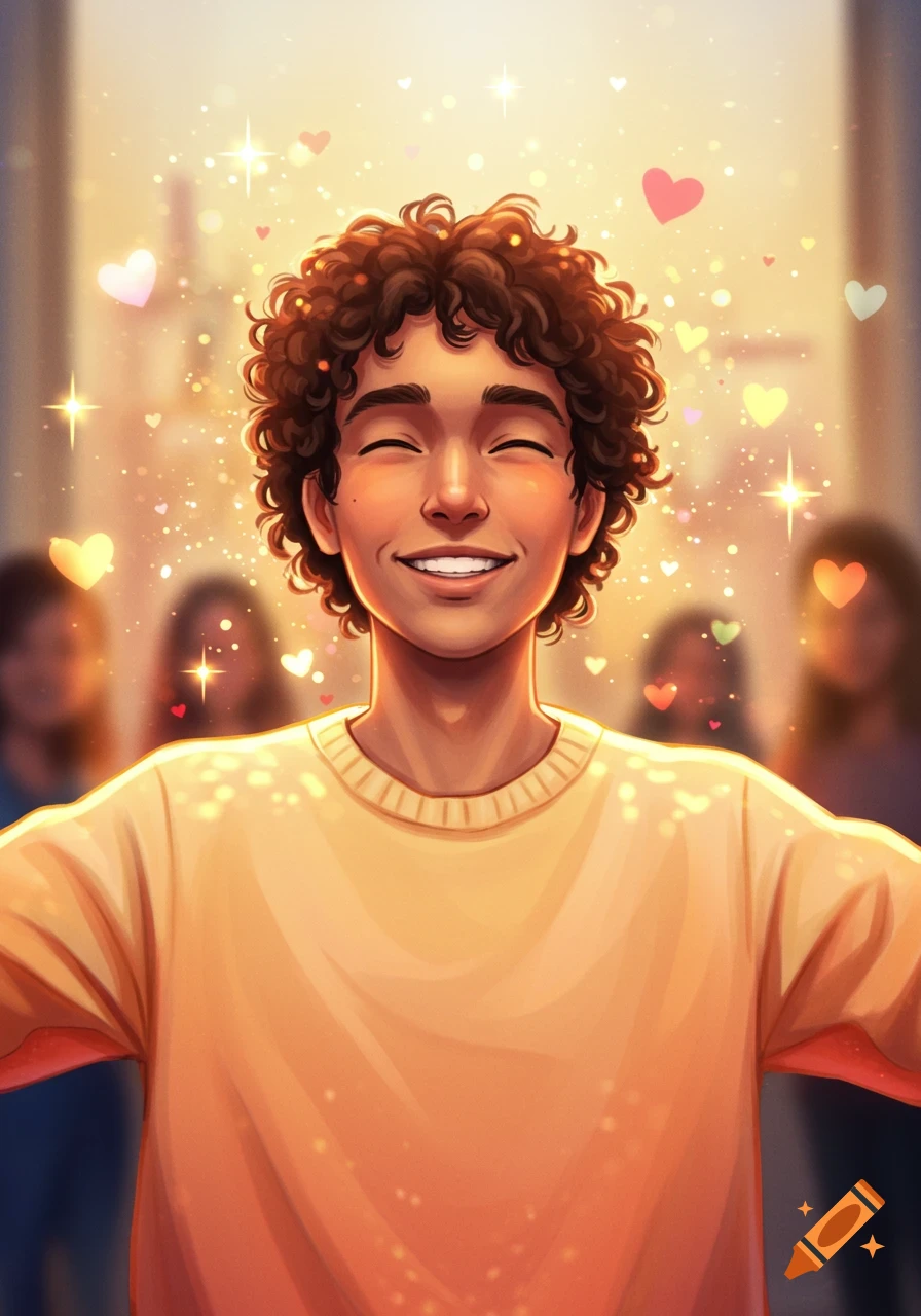 An illustration of a smiling person with curly hair, eyes closed, surrounded by glowing hearts and sparkles.