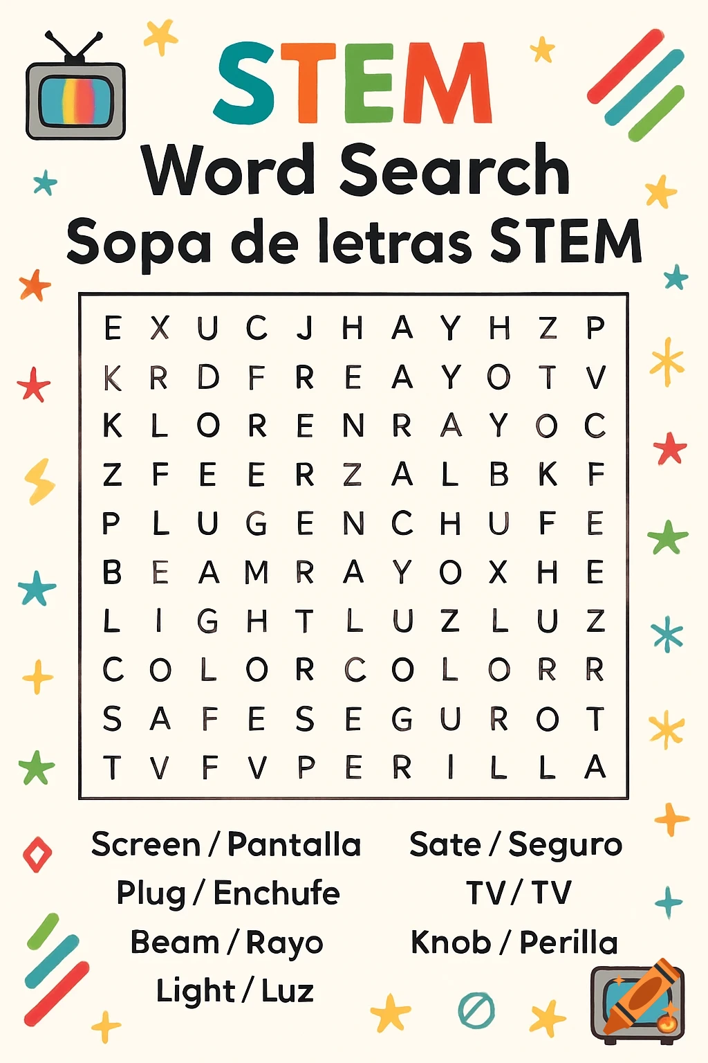 A colorful STEM-themed word search puzzle for children, featuring a grid of letters, a bilingual word list, and cartoon TV-related decorations.