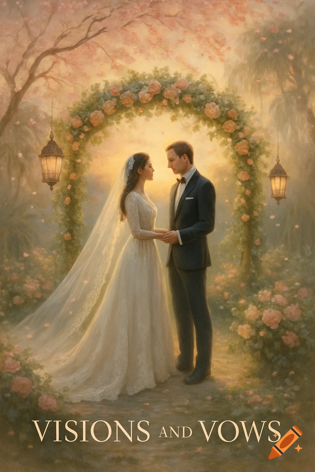 Painterly depiction of a bride and groom holding hands under a floral arch in a lush garden at sunset.