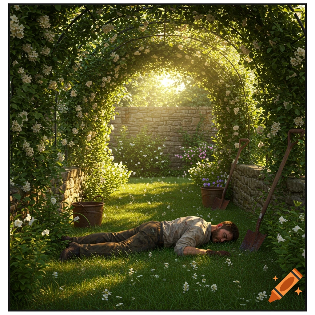 A man in scruffy working clothes lies face down on the grass in a sunny garden with a flower-covered archway and stone walls.