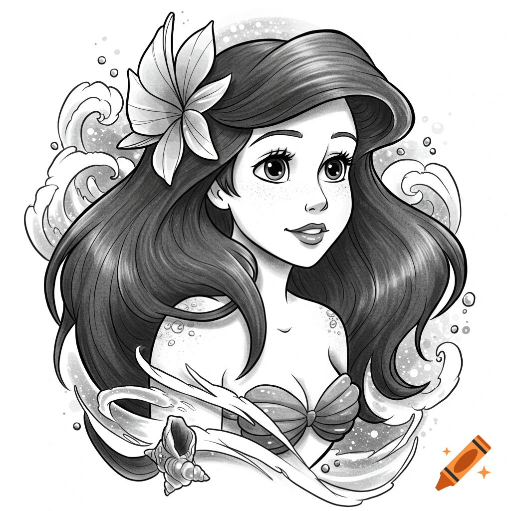 Black and white illustration of Disney's Ariel, with flowing hair and a seashell bra, surrounded by waves.