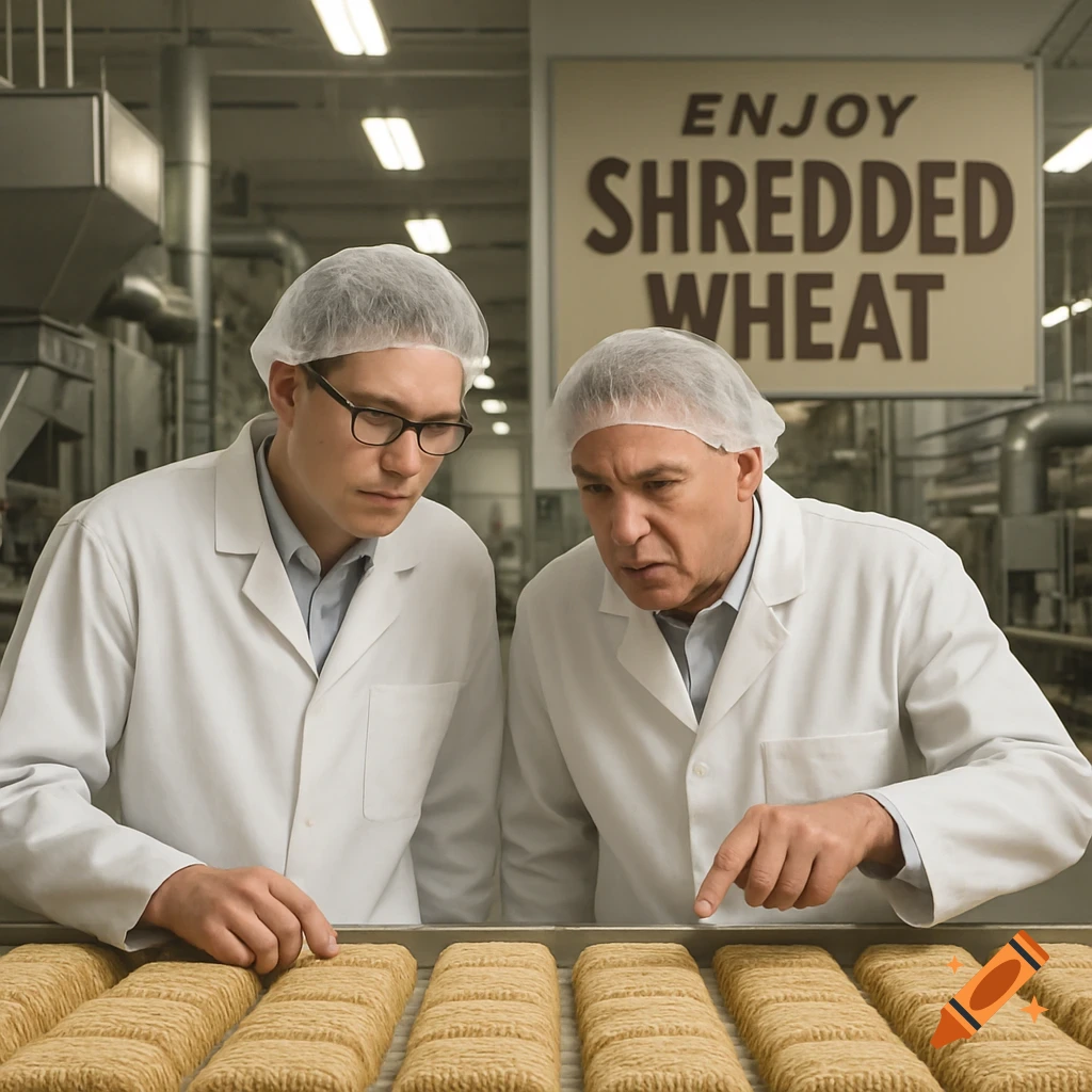 Two men in white lab coats and hairnets inspect shredded wheat cereal on an assembly line in a bright factory, with a sign reading 'Enjoy Shredded Wheat' in the background.