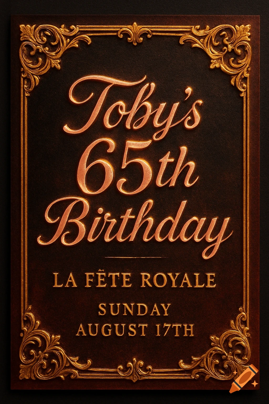 Ornate dark brown invitation with rose gold embossed text and gold border for Toby's 65th Birthday on August 17th.
