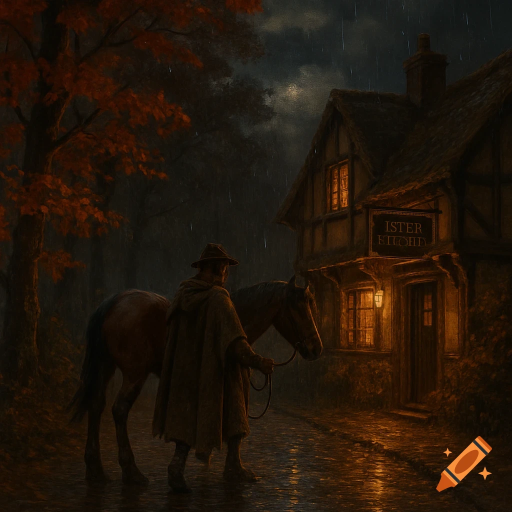 A man in a cloak leads a horse in the rain towards a lit English tavern at night, with autumn trees nearby.