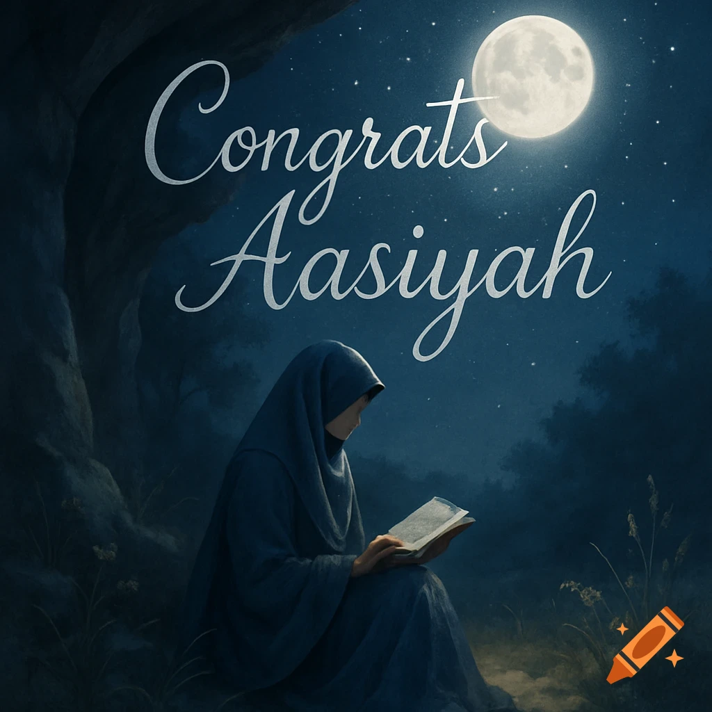 A woman in a blue hijab and jilbab sits reading a book under a bright full moon and starry sky. The words "Congrats Aasiyah" are visible above her.