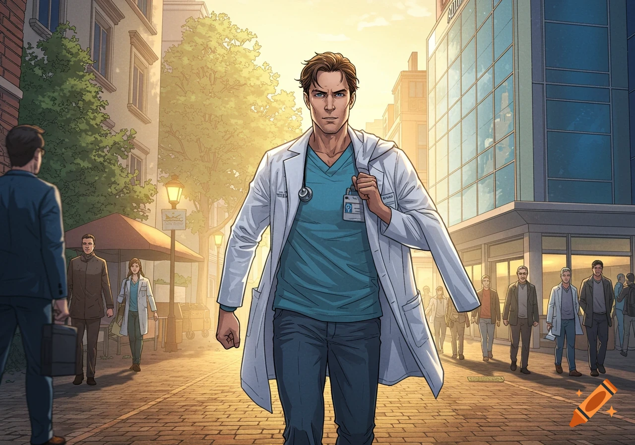 A comic book style illustration of a male doctor in a white lab coat walking confidently towards the viewer on a city street at sunset.