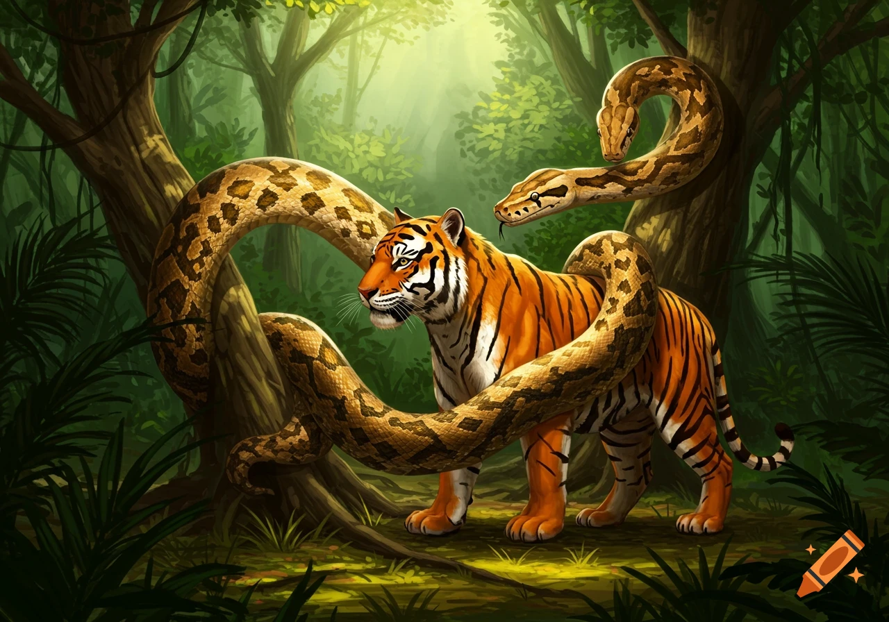 An illustrative painting of a tiger standing in a lush jungle with a large python coiled around a tree nearby.