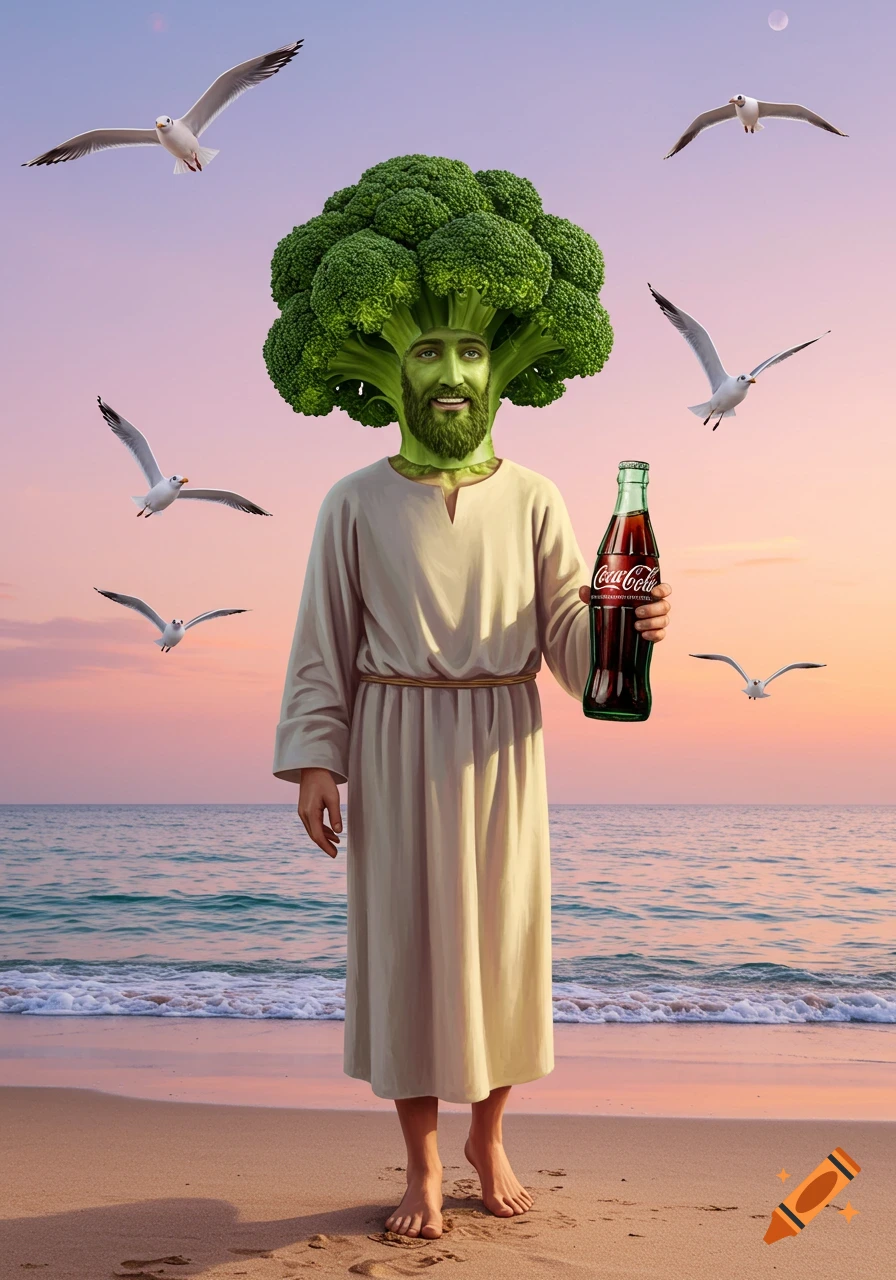A surreal figure with a broccoli head and bearded face, wearing a robe, stands on a beach at sunset, holding a Coca-Cola. Seagulls fly.
