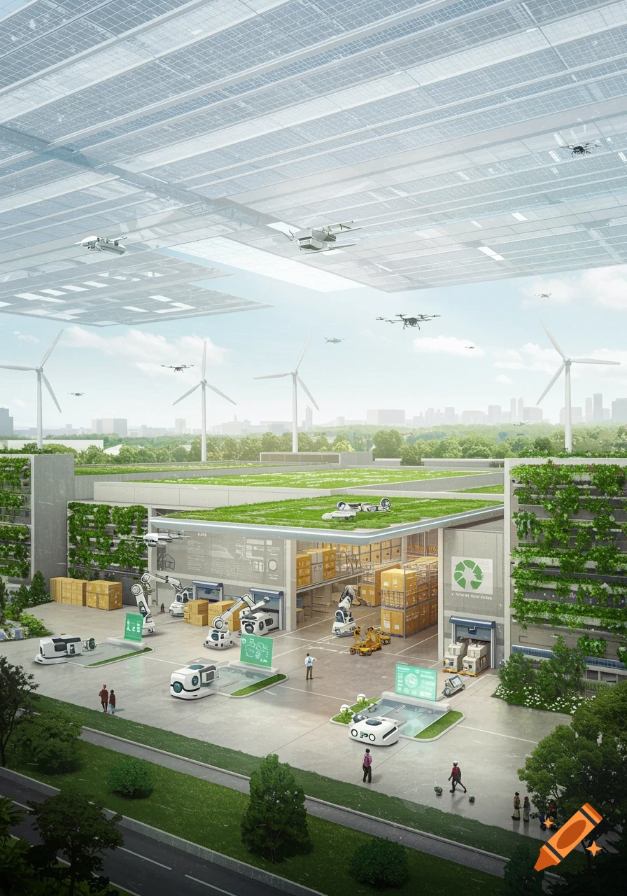 A futuristic net-zero warehouse with solar panels, wind turbines, drones, and robots managing packages in an urban setting with green roofs.