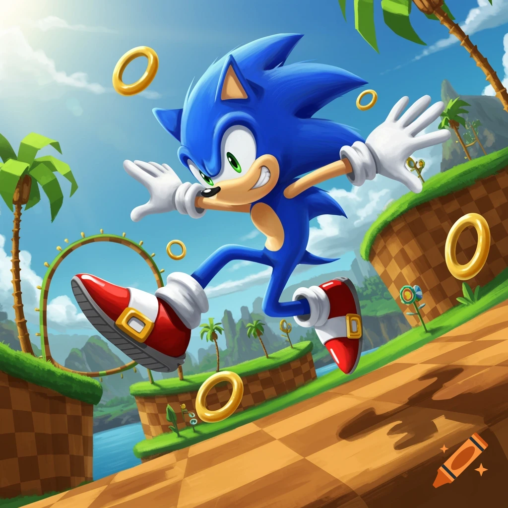 Sonic the Hedgehog running over a checkered path in a vibrant, cartoonish Green Hill Zone setting with golden rings.