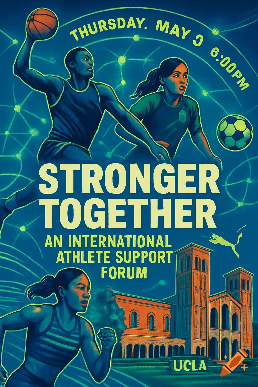 A stylized poster for 'Stronger Together' event with athletes, sports balls, and UCLA's Royce Hall, in blue and green.