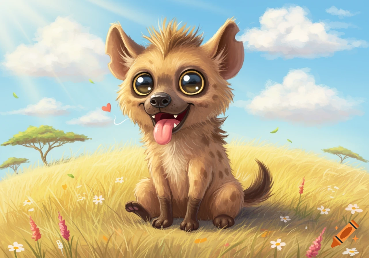 A cute, cartoon hyena with big eyes and a happy expression sits in a grassy field under a blue sky.