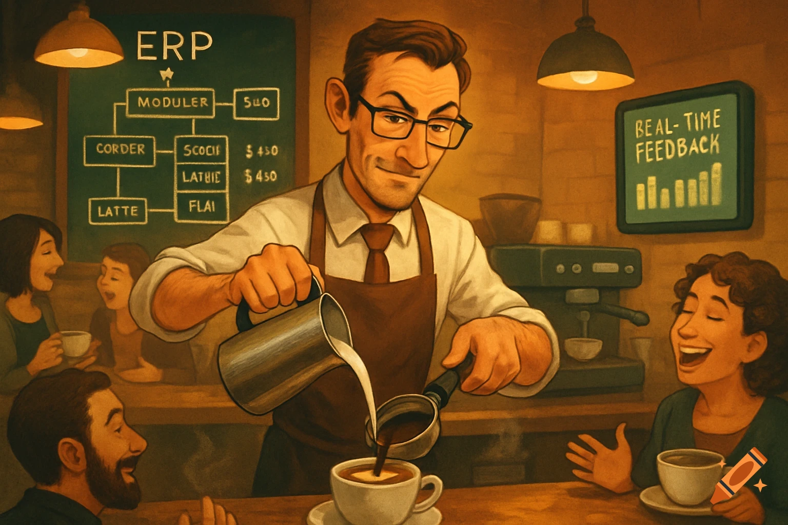 An illustrated male barista in a cafe pours milk into a coffee cup, with customers and chalkboards displaying 'ERP' and 'REAL-TIME FEEDBACK'.