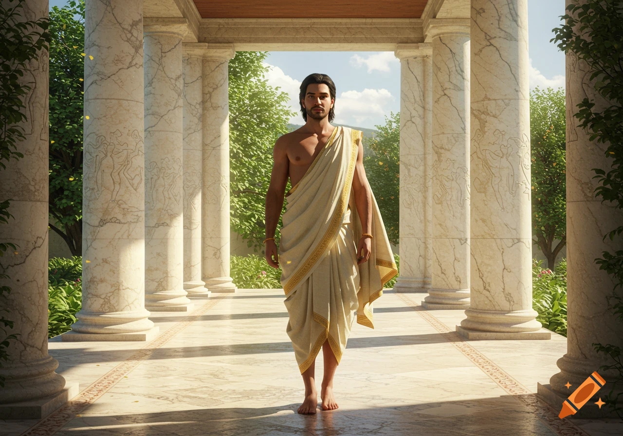 A man in a cream-colored dhoti with gold trim stands barefoot in a sunlit marble portico with large columns and green trees.