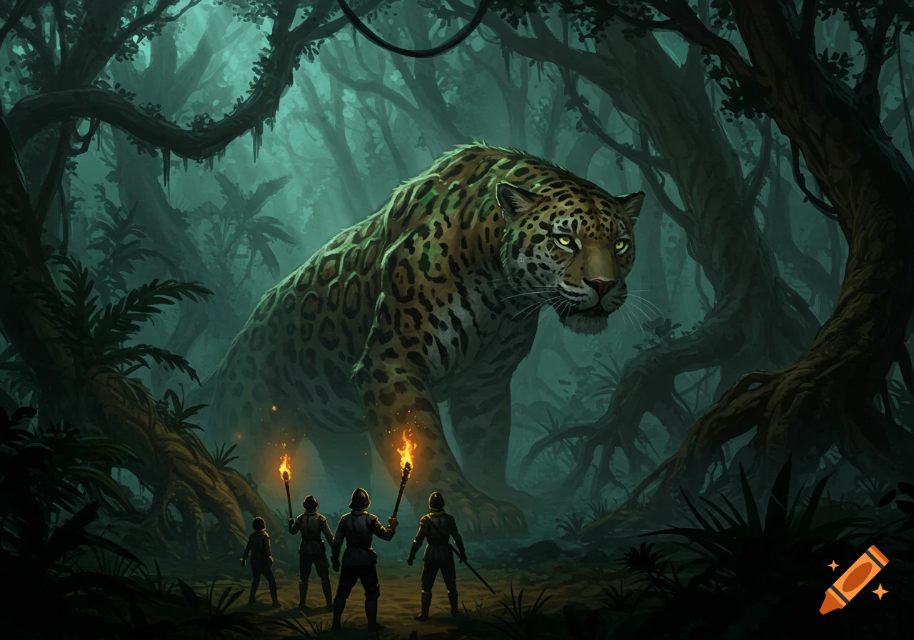 Four torch-bearing figures stand before a colossal jaguar in a dark, misty jungle, fantasy art style.