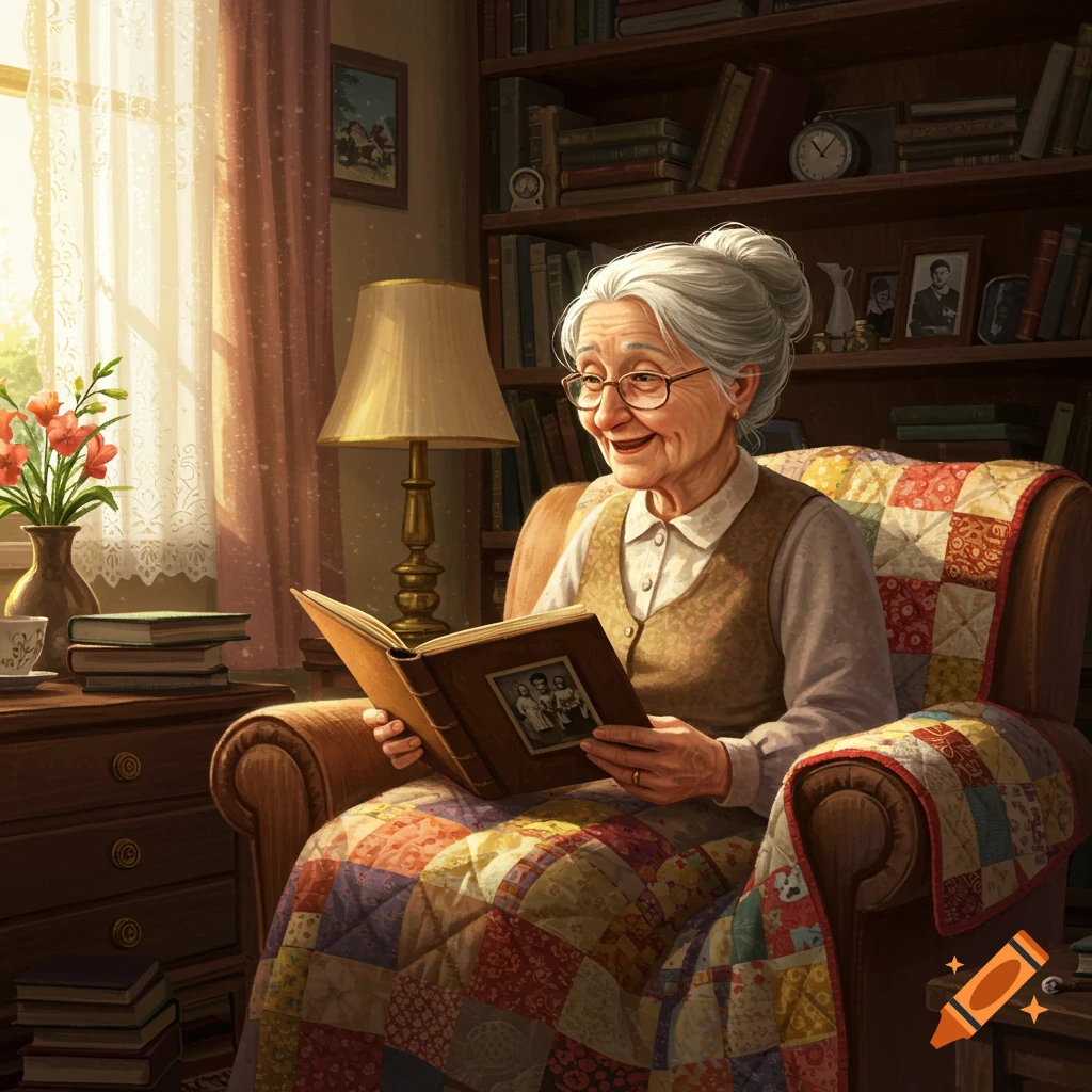 An elderly woman with white hair and glasses smiles while reading a book under a colorful quilt in a sunlit armchair beside a bookshelf.