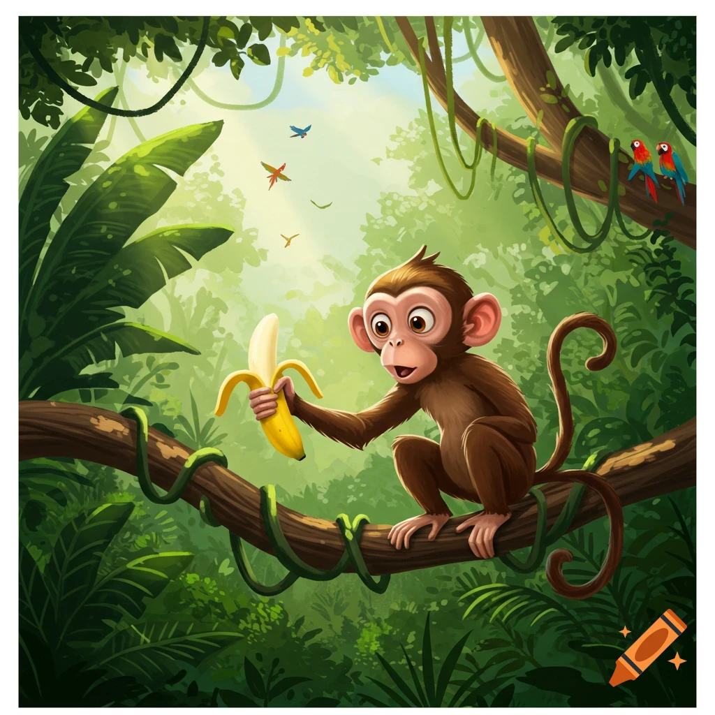 A cute cartoon monkey sits on a tree branch in a lush jungle, holding a partially peeled yellow banana.
