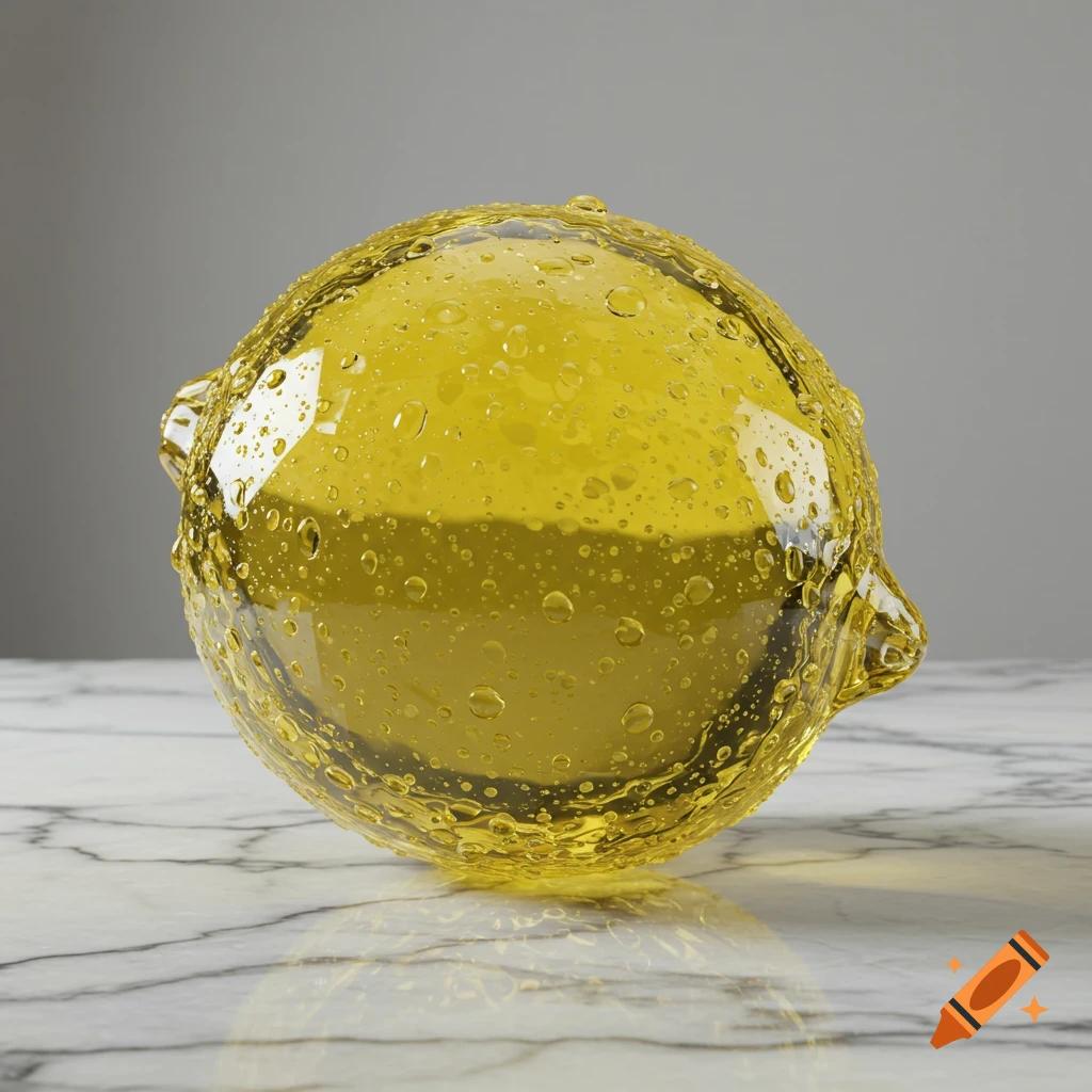 A transparent yellow glass lemon covered in water droplets sits on a white marble surface with reflections.