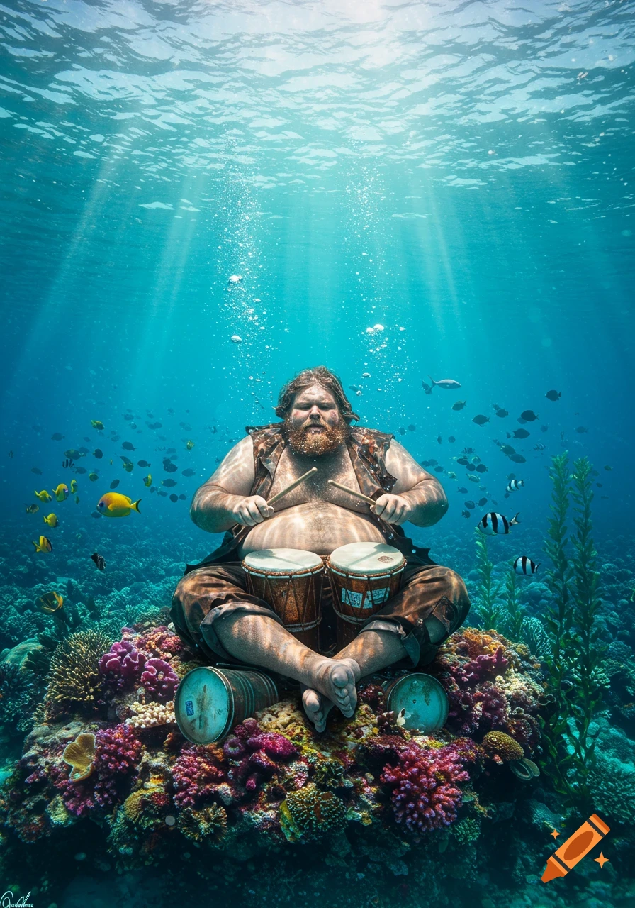 A bearded man playing drums while sitting on a colorful coral reef underwater with fish swimming around.