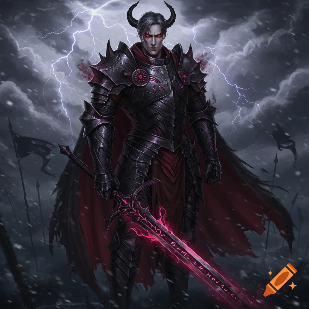 A horned knight in dark armor with a red cape holds a glowing red sword under a stormy sky with lightning.