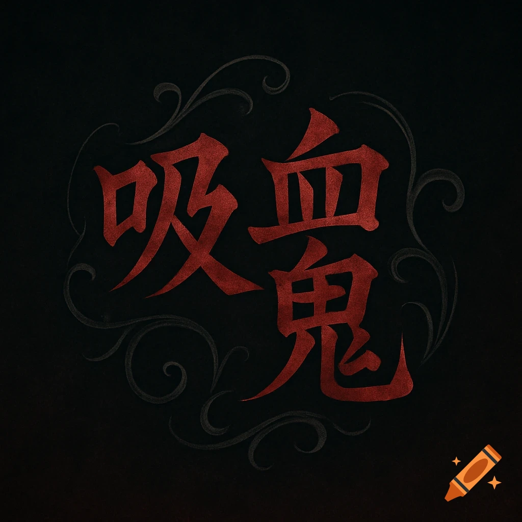 Red Japanese characters meaning 'vampire' on a black background with subtle dark gray decorative swirls.