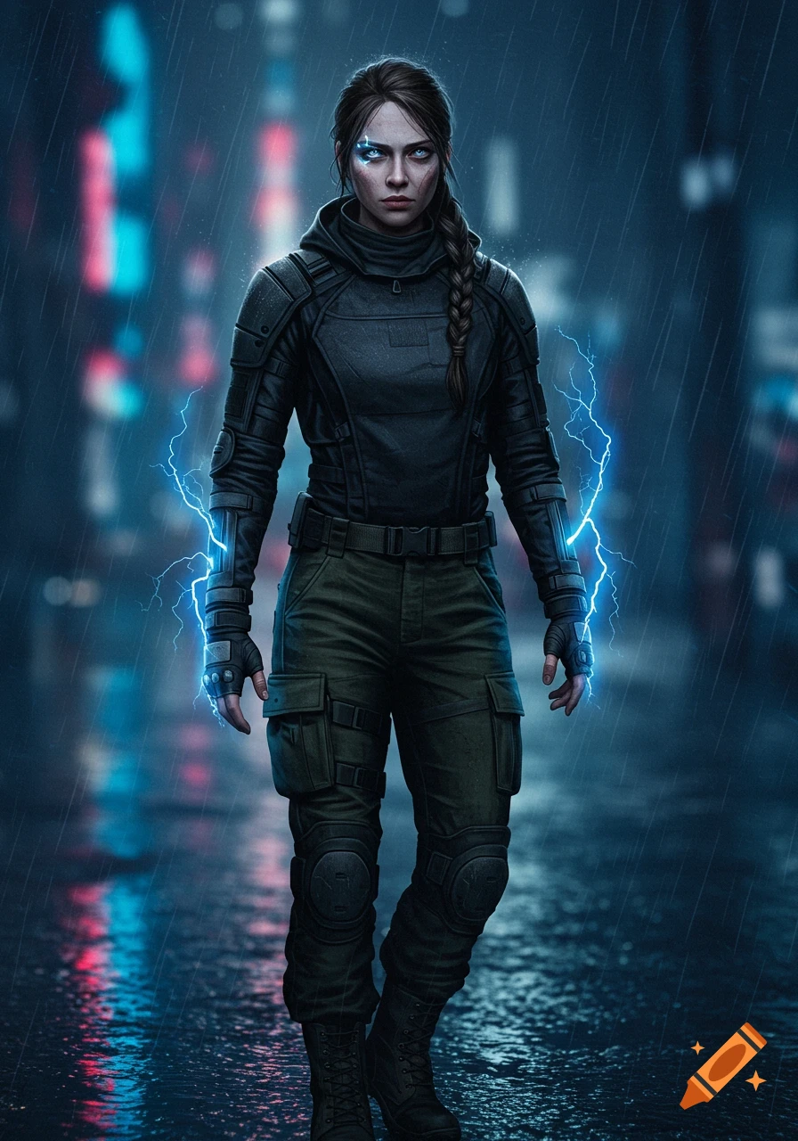 A woman with glowing electric eyes and tactical gear walks through a rainy, neon-lit city street at night.