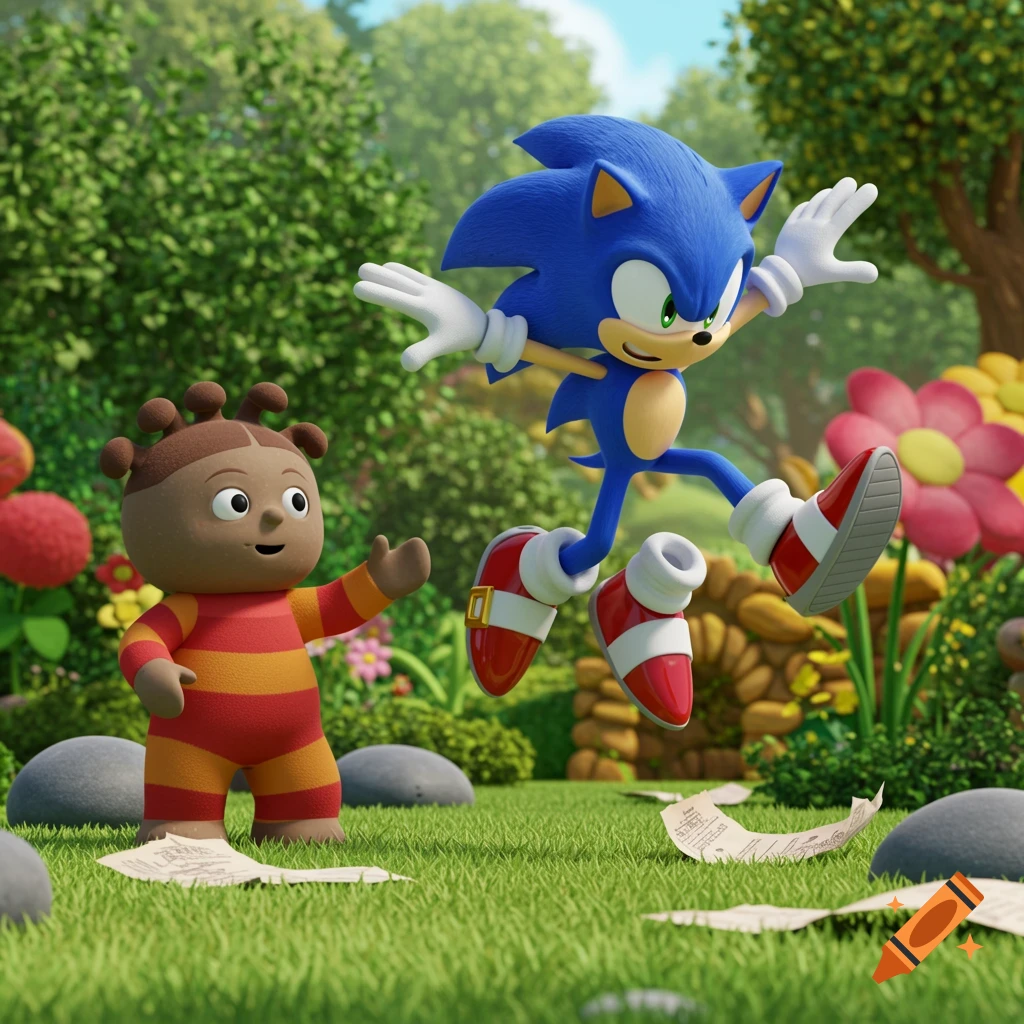 Sonic the Hedgehog leaps over a surprised Makka Pakka in a vibrant 3D animated garden.