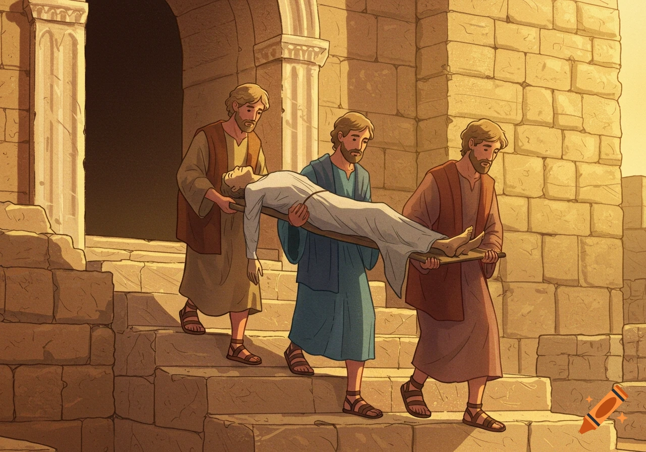 Three men carry a person on a stretcher up sunlit stone steps in an illustrative, religious art style.