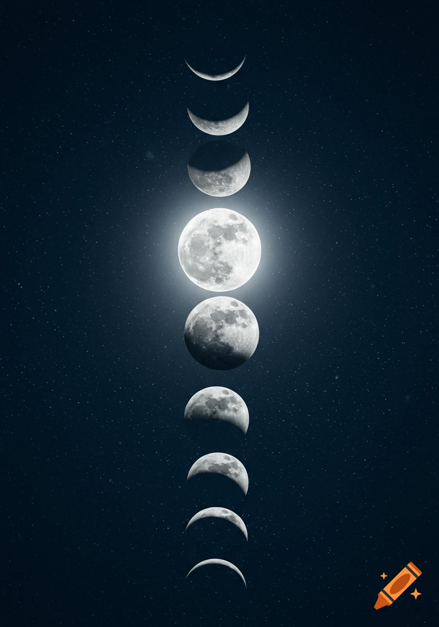 A vertical display of the moon's phases, with a bright full moon at the center, set against a dark, star-filled night sky.
