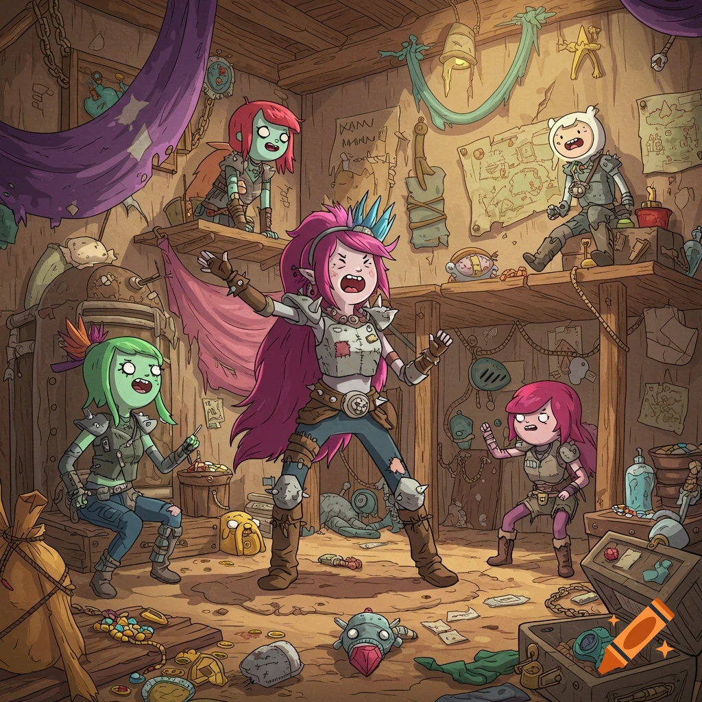 Five stylized cartoon characters resembling Adventure Time, dressed as raiders, in a cluttered wooden room filled with loot and maps.