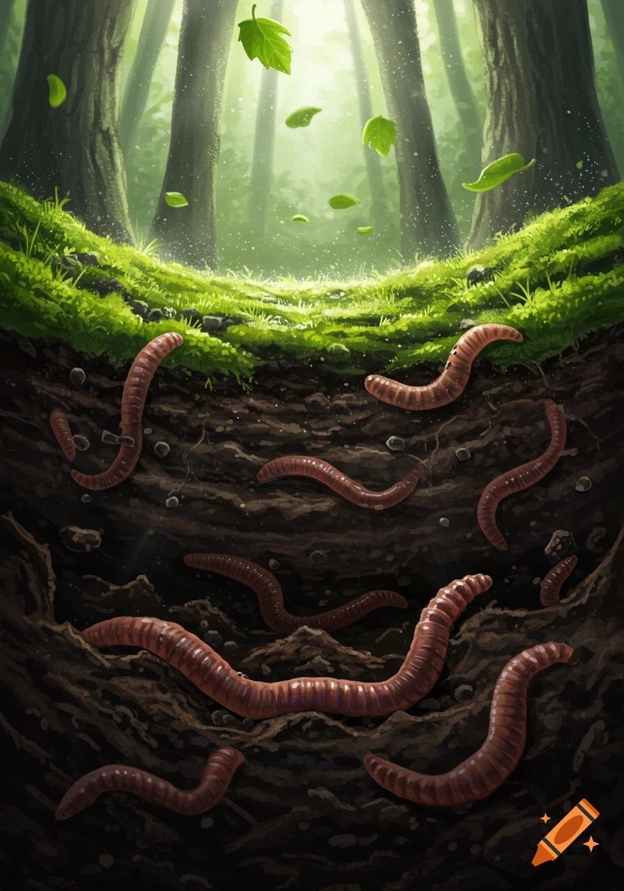 A vibrant illustration showing many earthworms burrowing in rich dark soil, with green mossy ground and a sunlit forest above.