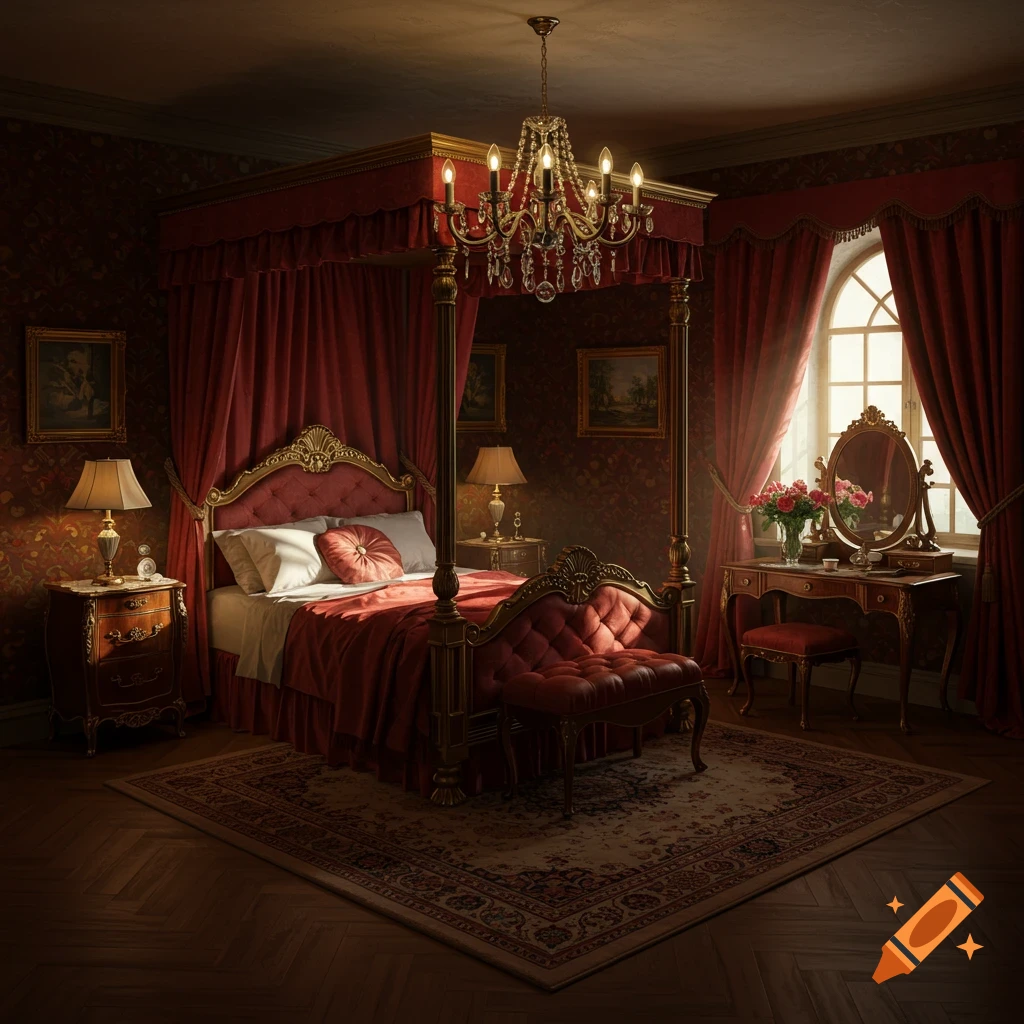 A luxurious Victorian-style bedroom featuring a large four-poster bed with red drapes, ornate wooden furniture, and a grand chandelier.