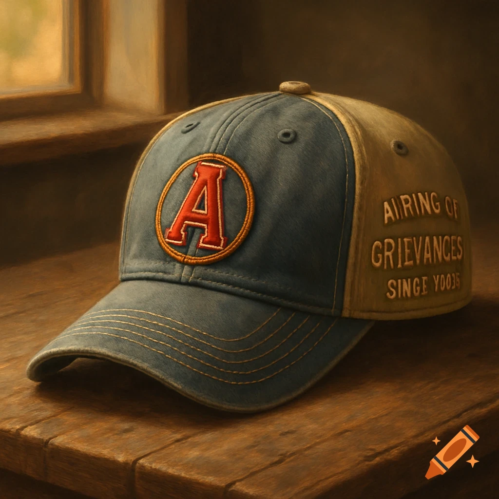 A blue and beige baseball cap with a red 'A' logo on the front and text on the side, resting on a wooden surface near a window.