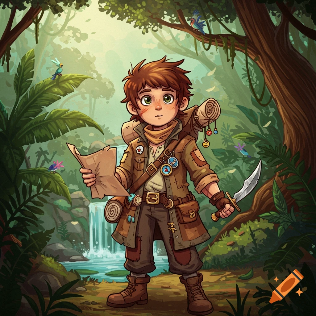 A cartoon boy explorer with a map and knife stands in a lush jungle with a waterfall.