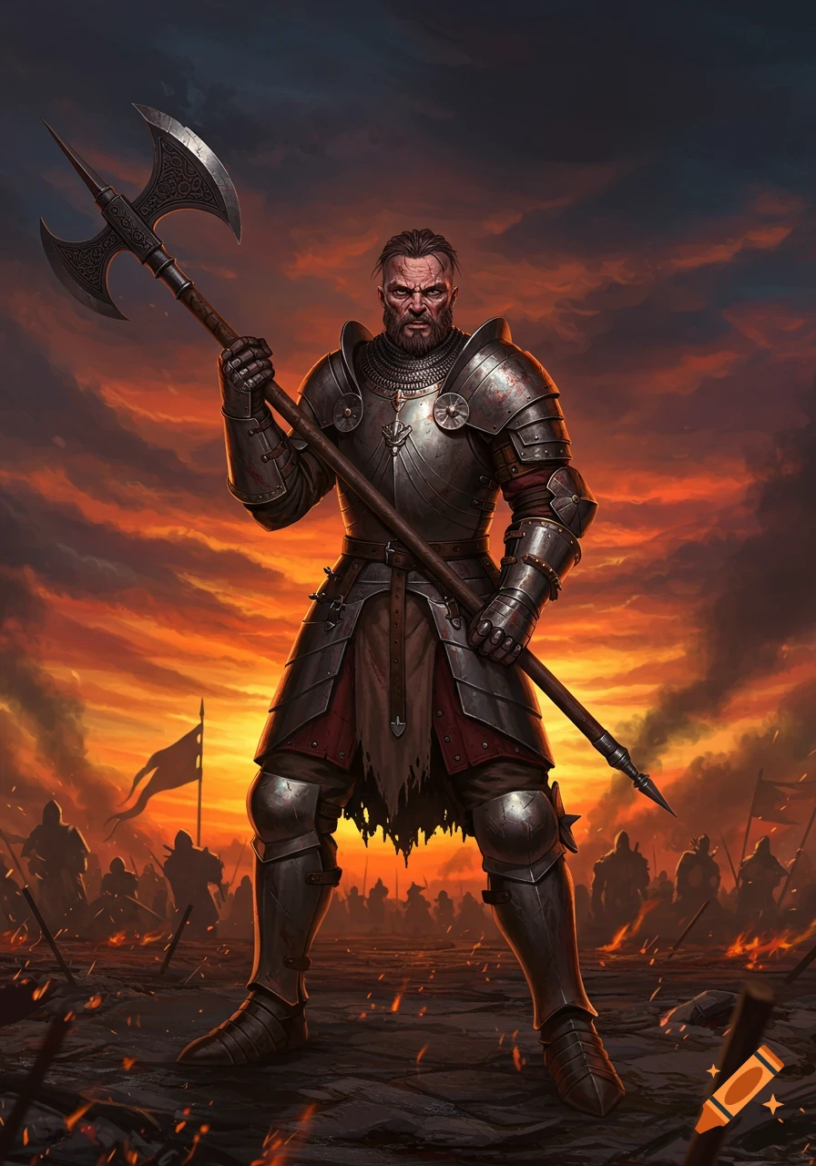 A medieval warrior in armor holding a large halberd stands on a battlefield with a fiery sunset sky.