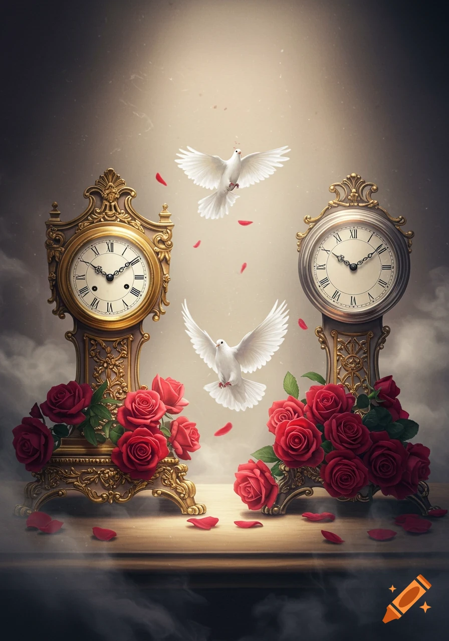 Two ornate clocks adorned with red roses, with white doves flying and red petals falling around them.