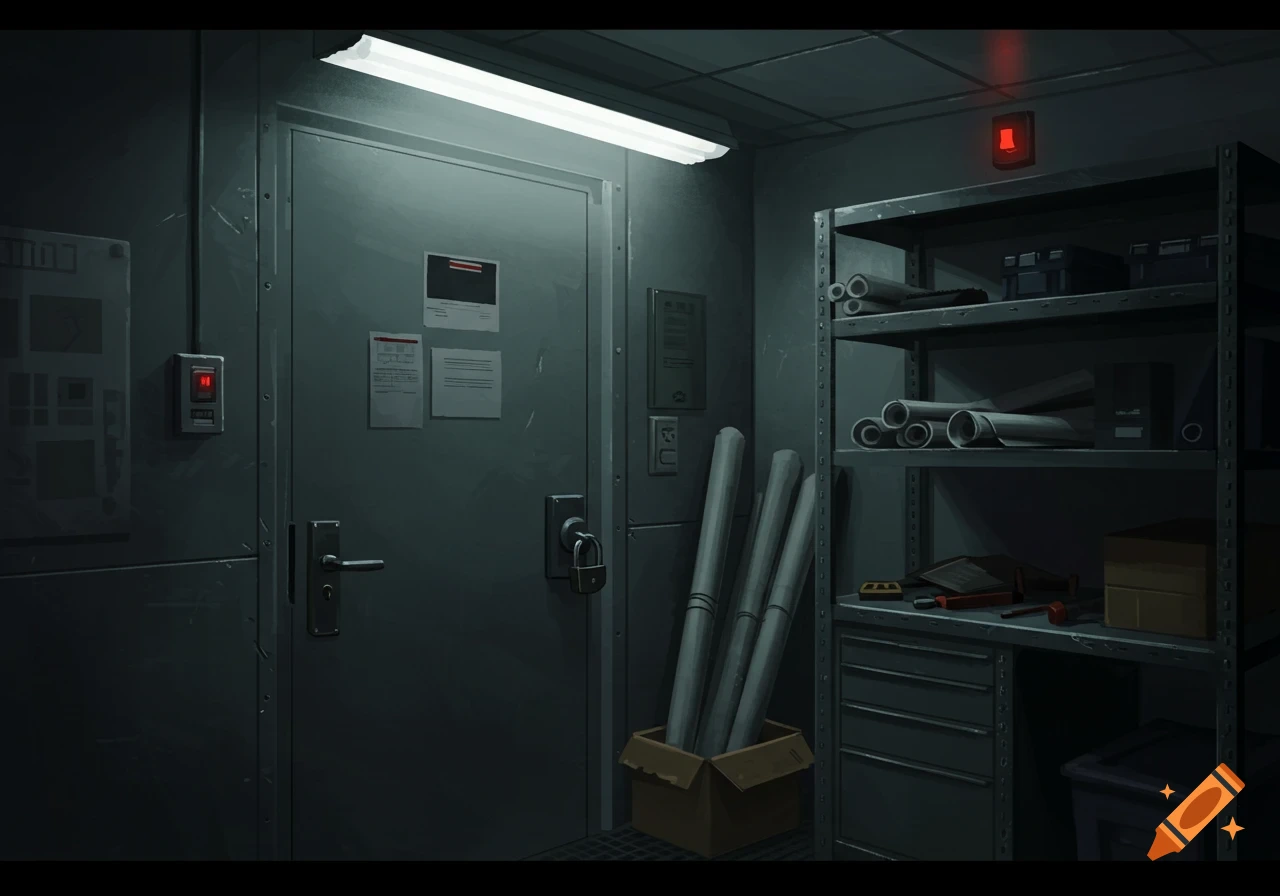 A dimly lit industrial maintenance room with a locked metal door, shelves stocked with rolled blueprints and tools, and a box of large tubes.
