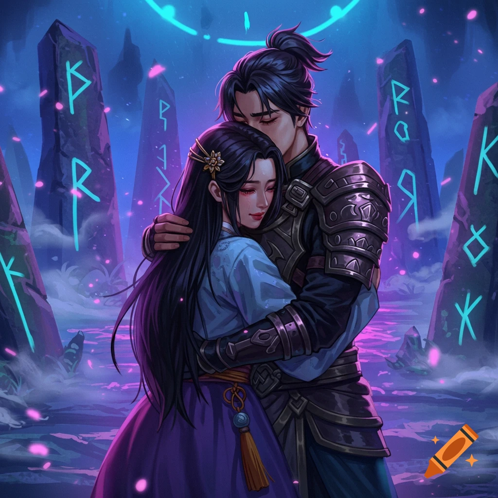An illustrated man and woman in fantasy attire embracing among glowing runic stones at night.