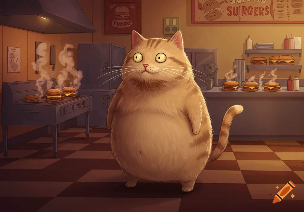 A large, overweight orange tabby cat with wide eyes stands in the middle of a cartoonish burger restaurant with burgers cooking on a grill.