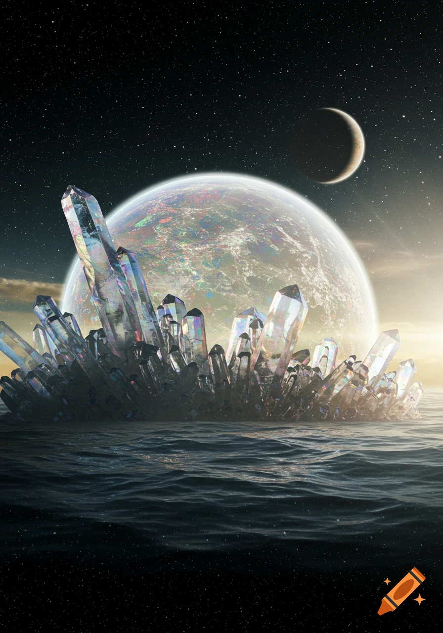 Large iridescent crystals rise from dark water under a starry night sky with a luminous planet and crescent moon.