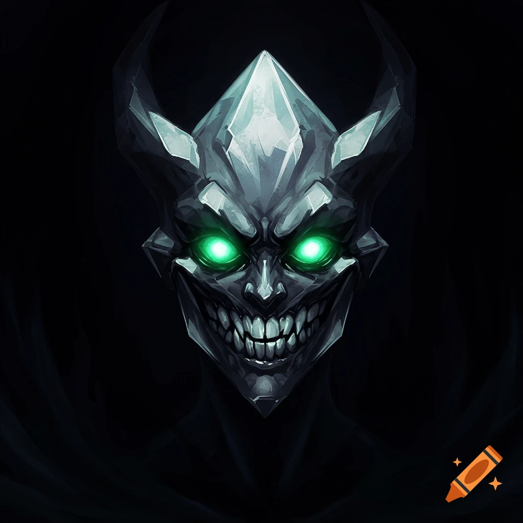 A demonic face with sharp, crystal-like features, glowing green eyes, and a wide, toothy grin emerges from the darkness.