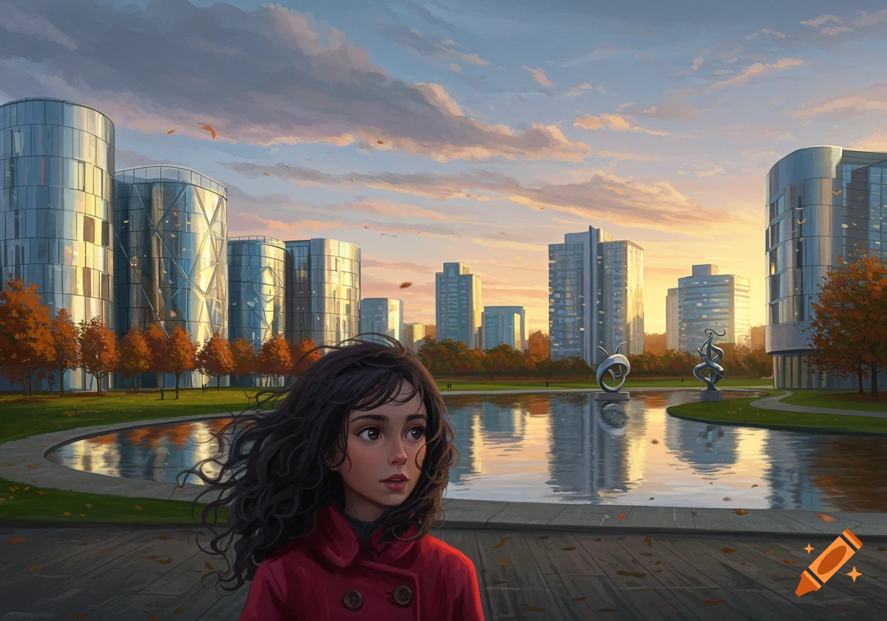 A young woman with curly hair in a red coat stands in a park with modern glass buildings, a pond, and autumn trees at sunset, in a digital art style.