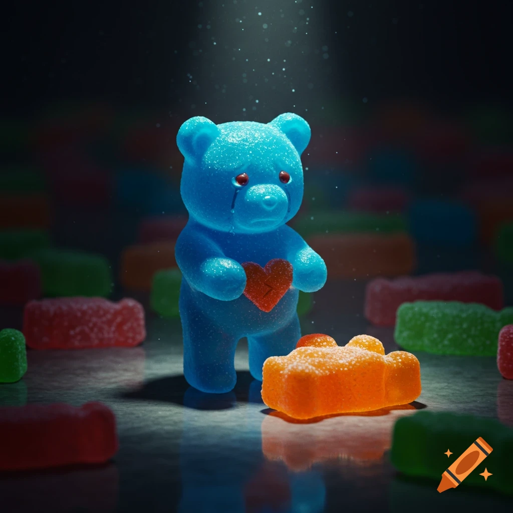 A sad blue gummy bear holding a broken orange gummy heart in a dark, photorealistic setting with other blurred candies.