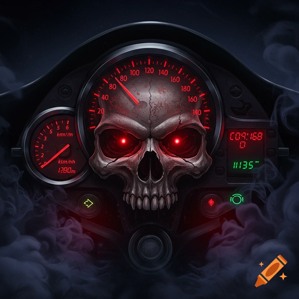 A dark, ominous motorcycle dashboard featuring a skull with glowing red eyes as the central speedometer, surrounded by smoke.