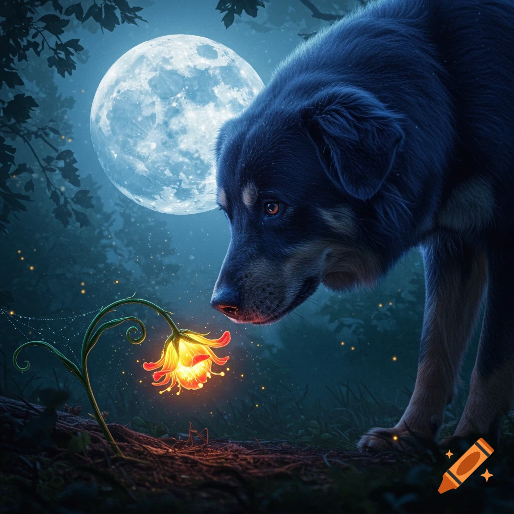 A large black and tan dog sniffs a bright, glowing flower under a full moon in a dark forest.