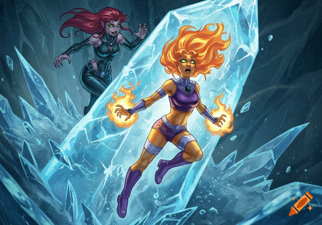 Starfire partially frozen in ice with Blackfire approaching in a dynamic, comic book style illustration.