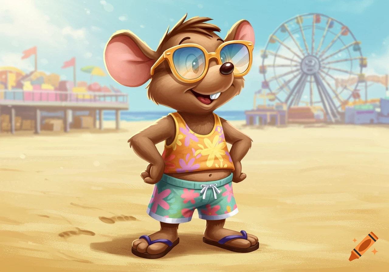 A smiling cartoon mouse wearing sunglasses, a floral tank top, and floral shorts stands on a sandy beach with a pier and Ferris wheel in the background.